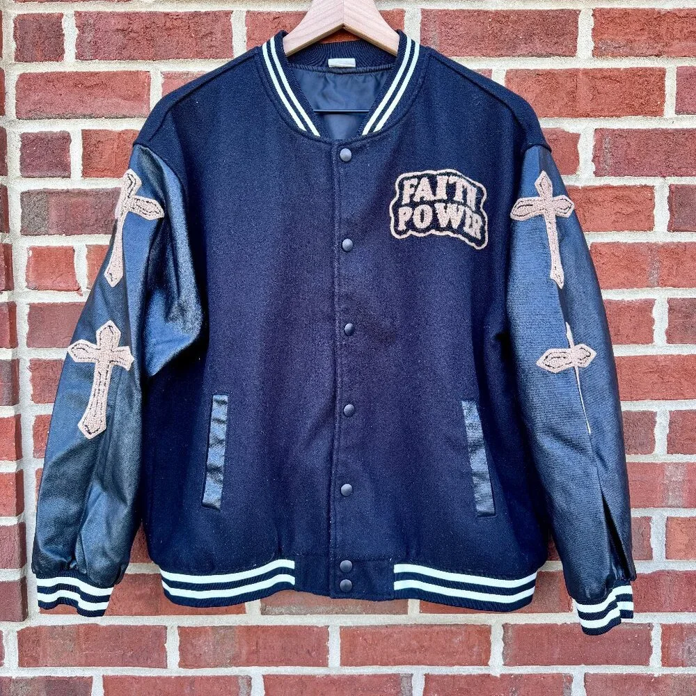Faith Power Cross Varsity Jacket Med/LG Black Pleather Slashyouth